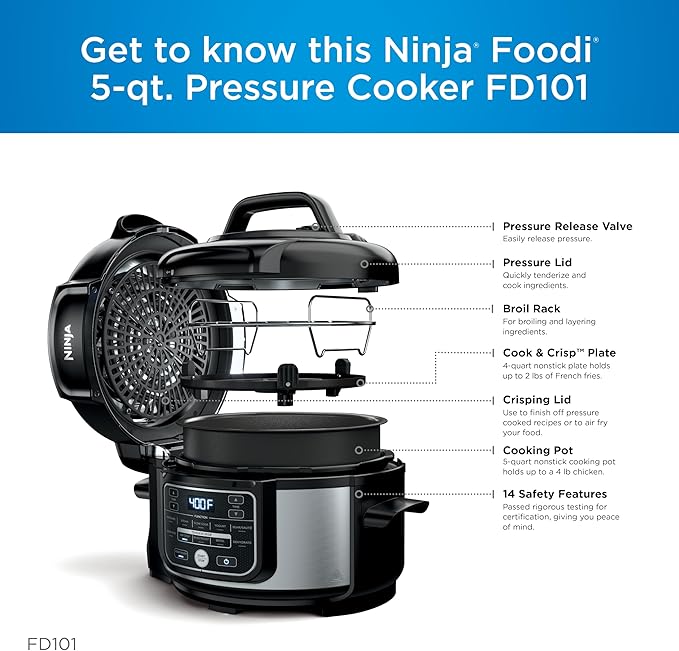 Ninja Foodi 10-in-1 Pressure Cooker & Air Fryer, 5 Quart - Stainless Steel Multi-Cooker with Precise Heating - Perfect Holiday Gift & Healthy Fast Cooking (FD 101)