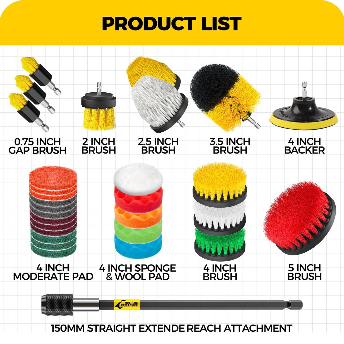 Holikme 30Pack Drill Brush Attachments Set,Scrub Pads & Sponge, Power Scrubber Brush with Extend Long Attachment All Purpose Clean for Grout, Tiles, Sinks, Car Polishing Pads