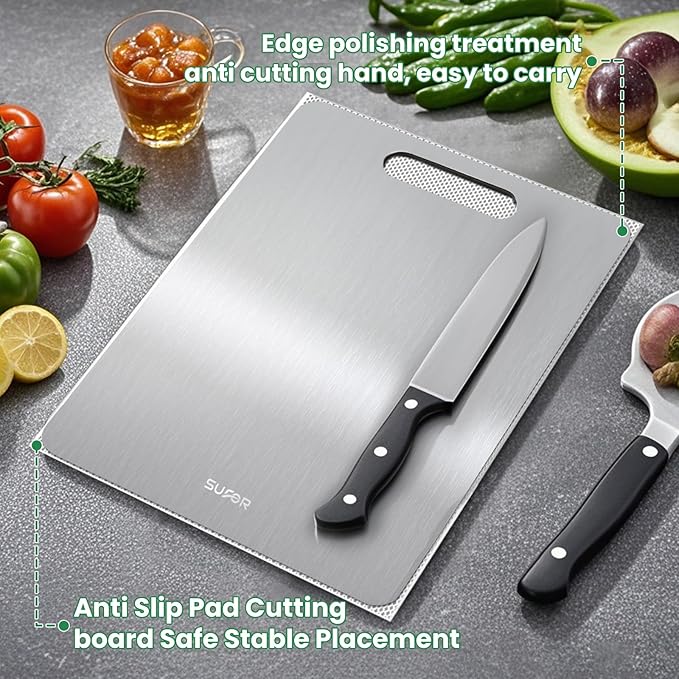 2 Pack Titanium Cutting Board, 100% Pure Titanium Cutting Boards For Kitchen, Non-Slip Chopping Board, Dishwasher Safe, Easy to Clean, Durable & Hygienic for Meat, Vegetables, Fruits (13 * 9)