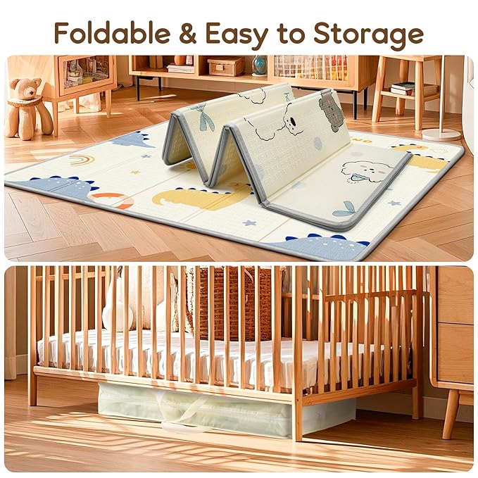 Foldable Baby Play Mat, PIGLOG Waterproof Playmats for Babies and Toddlers Kids, Safe Foam Playmat for Tummy Time, 50x50 Playpen Mat, Reversible Portable Baby Floor Mat for Infant, Toddler, Dinosaur