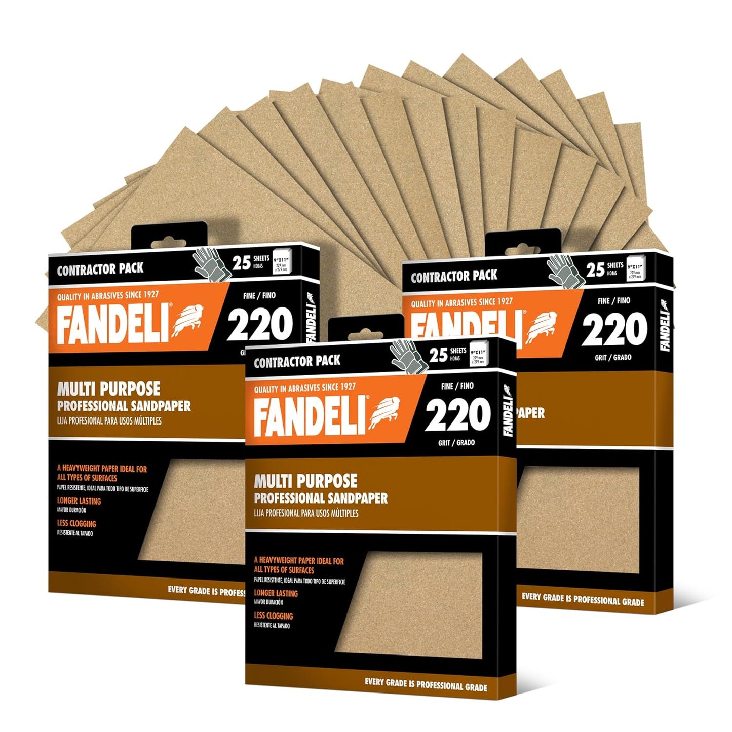Fandeli | Multi-Purpose Sandpaper | 220 Grit Aluminum Oxide | 75 Sheets of 9'' x 11'' | Ideal for Metal and Wood | Compatible with Orbital Sanders, Brown