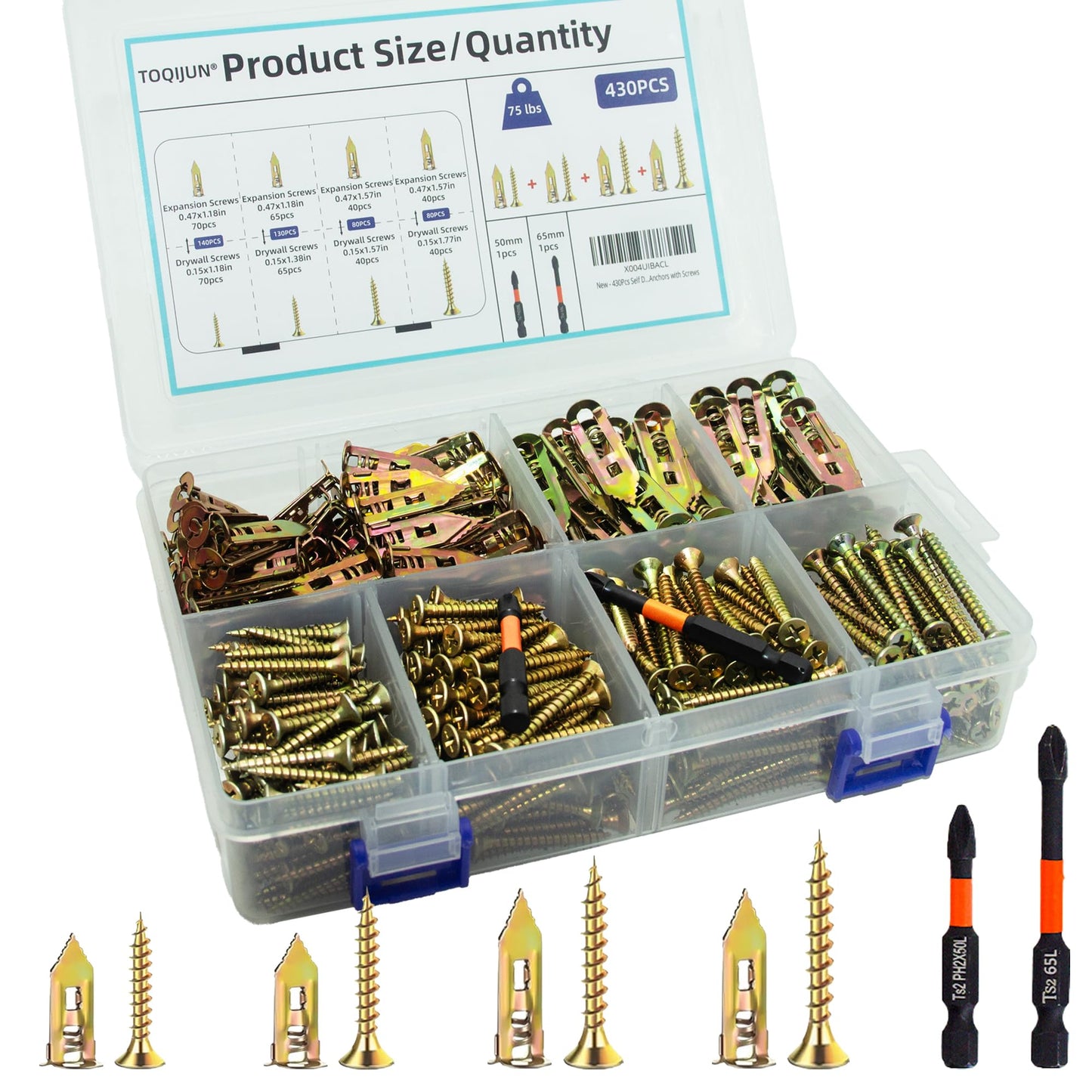 430 PCS Self Drilling Drywall Anchors with Screws Kit,2 Sizes Sheetrock Anchors & 4 Sizes Zinc Expansion Screws with 2 Drill Bits - Zinc-Plated Steel Material - No Drill Required Holds Up to 75LB