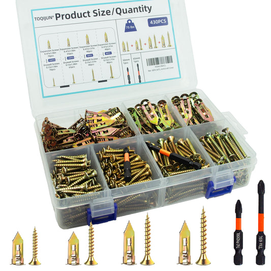 430 PCS Self Drilling Drywall Anchors with Screws Kit,2 Sizes Sheetrock Anchors & 4 Sizes Zinc Expansion Screws with 2 Drill Bits - Zinc-Plated Steel Material - No Drill Required Holds Up to 75LB