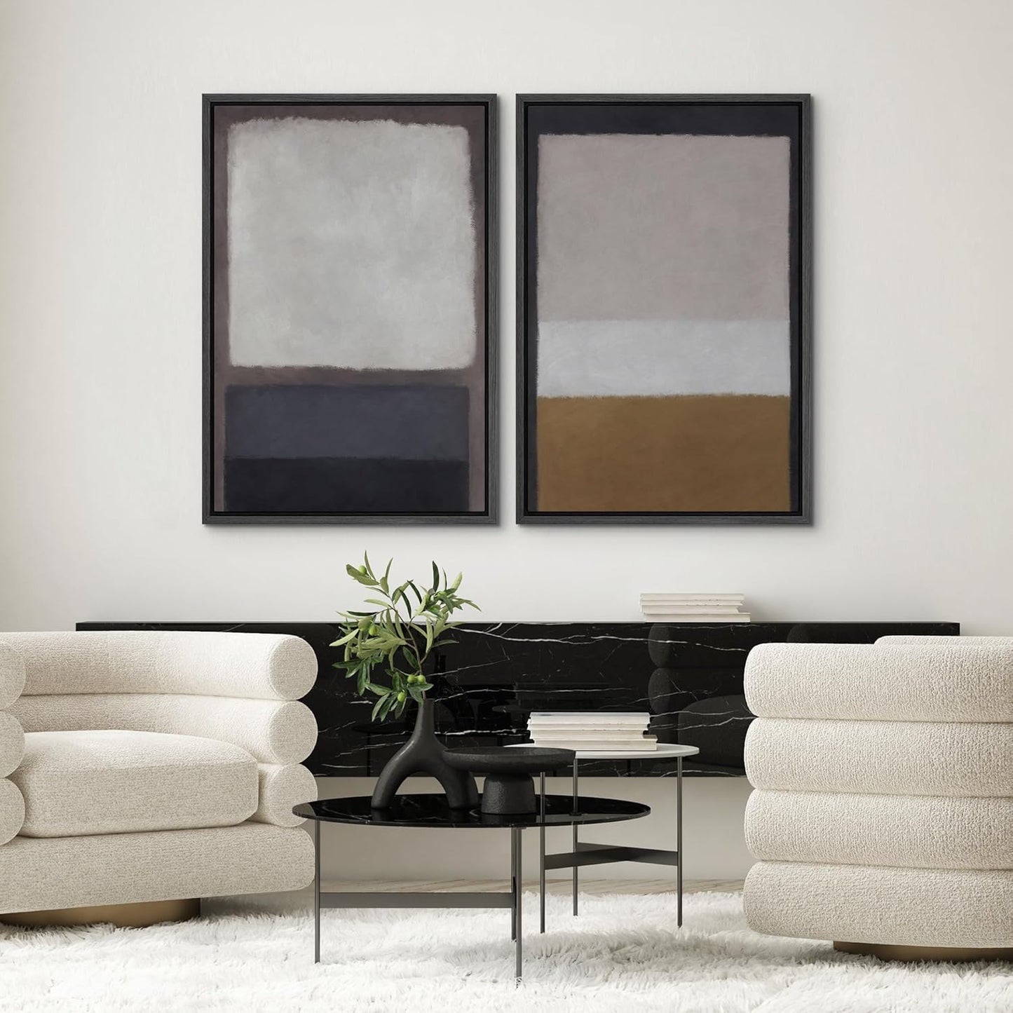 SIGNWIN Framed Canvas Print Wall Art Set Gray Brown Pastel Geometric Color Blocks Abstract Shapes Illustrations Art Contemporary Decorative for Living Room, Bedroom, Office - 24"x36"x2 Black