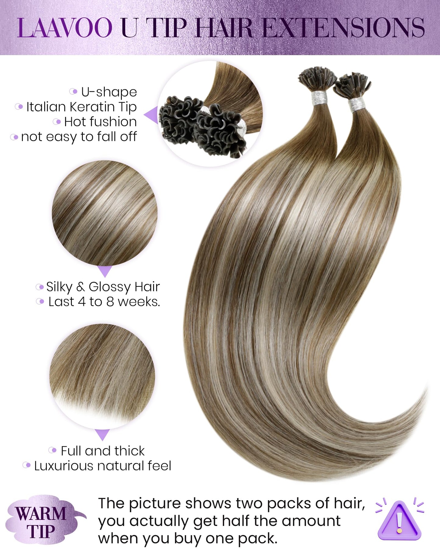 LaaVoo U Tip Hair Extensions Human Hair Light Brown Balayage Blonde K Tips Hair Extension Human Hair Balayage Hot Fusion Ktip Hu
