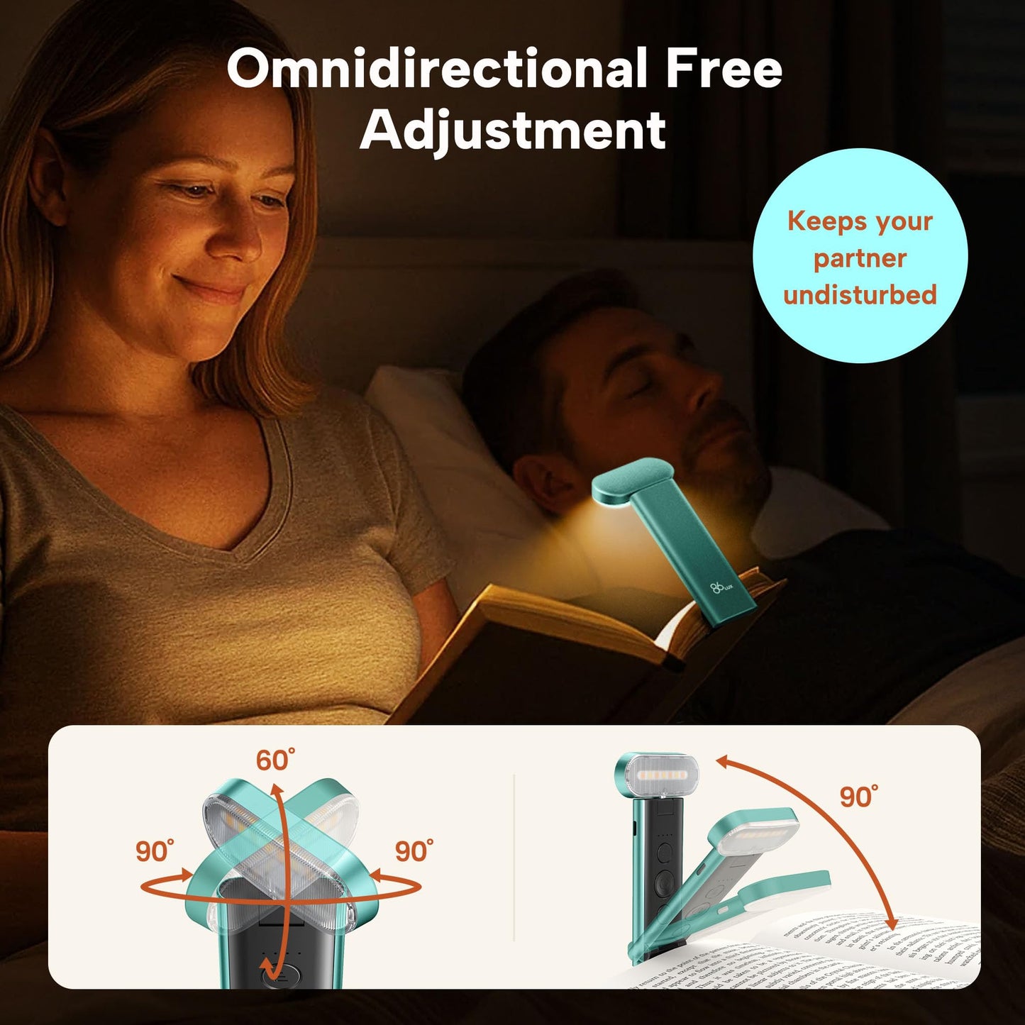 86lux Book Light, USB Rechargeable LED Reading Light, 3 Colors & Dimming, Model OK25, Aqua