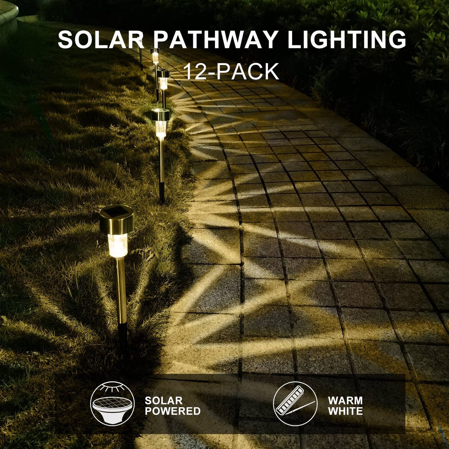 Dream Master Solar Lights - 12 Pack LED Landscape Lighting, Stainless Steel, Waterproof, Warm White for Pathway, Patio, Yard
