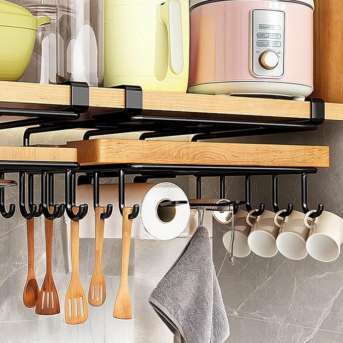 Mug Holder Under Cabinet,Under Cabinet Hooks for Mugs,Paper Towel Holder for Cabinet,Chopping Board Organizer for Kitchen(Black)