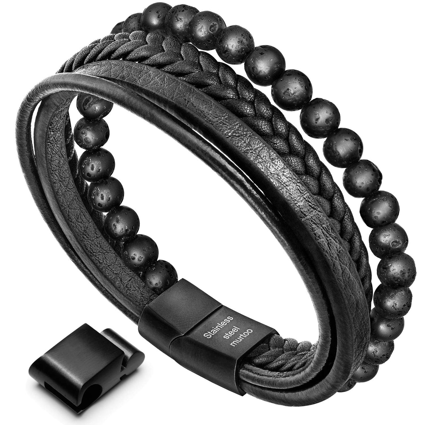 murtoo Mens Bead Leather Bracelet, Blue and Brown Bead and Leather Bracelet for Men (Black Bead)