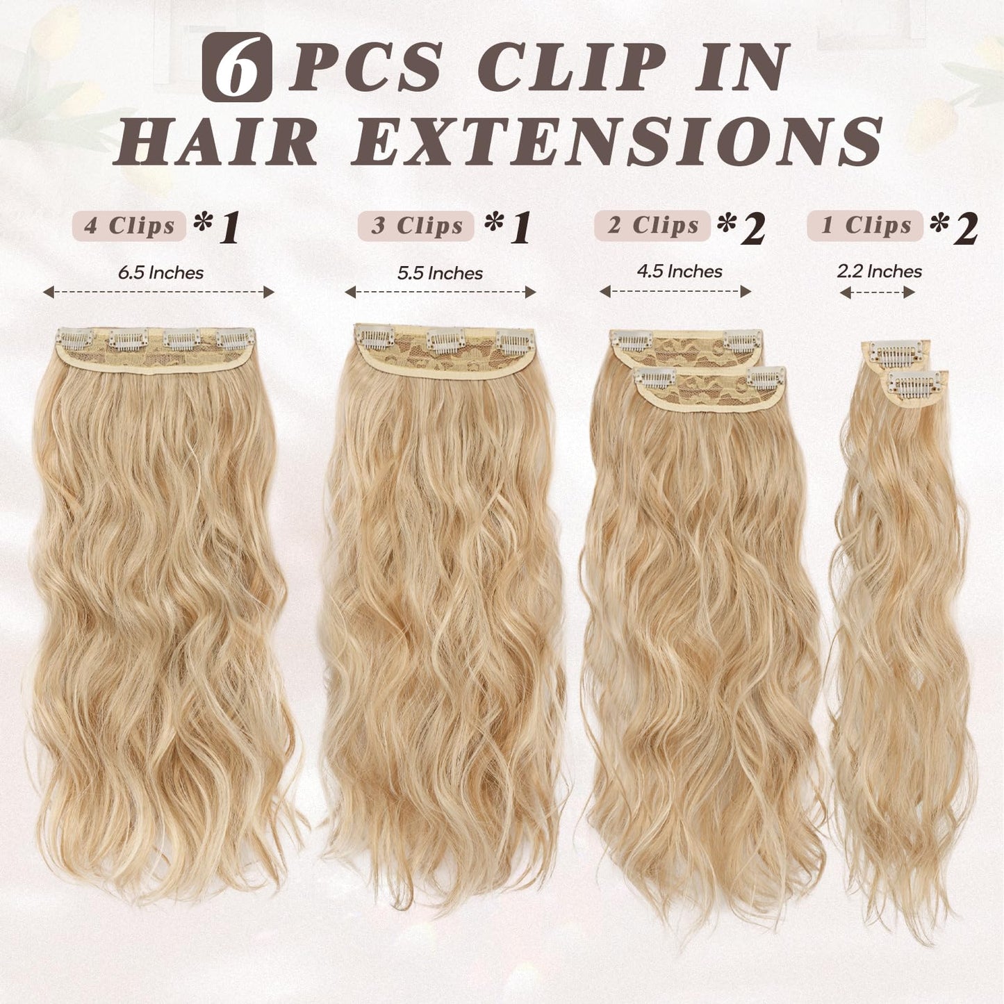 BARSDAR Honey Blonde Clip in Hair Extensions - 20 Inch 6PCs Full Head Beach Wavy Clip in Hair Extensions for Women - Voluminous
