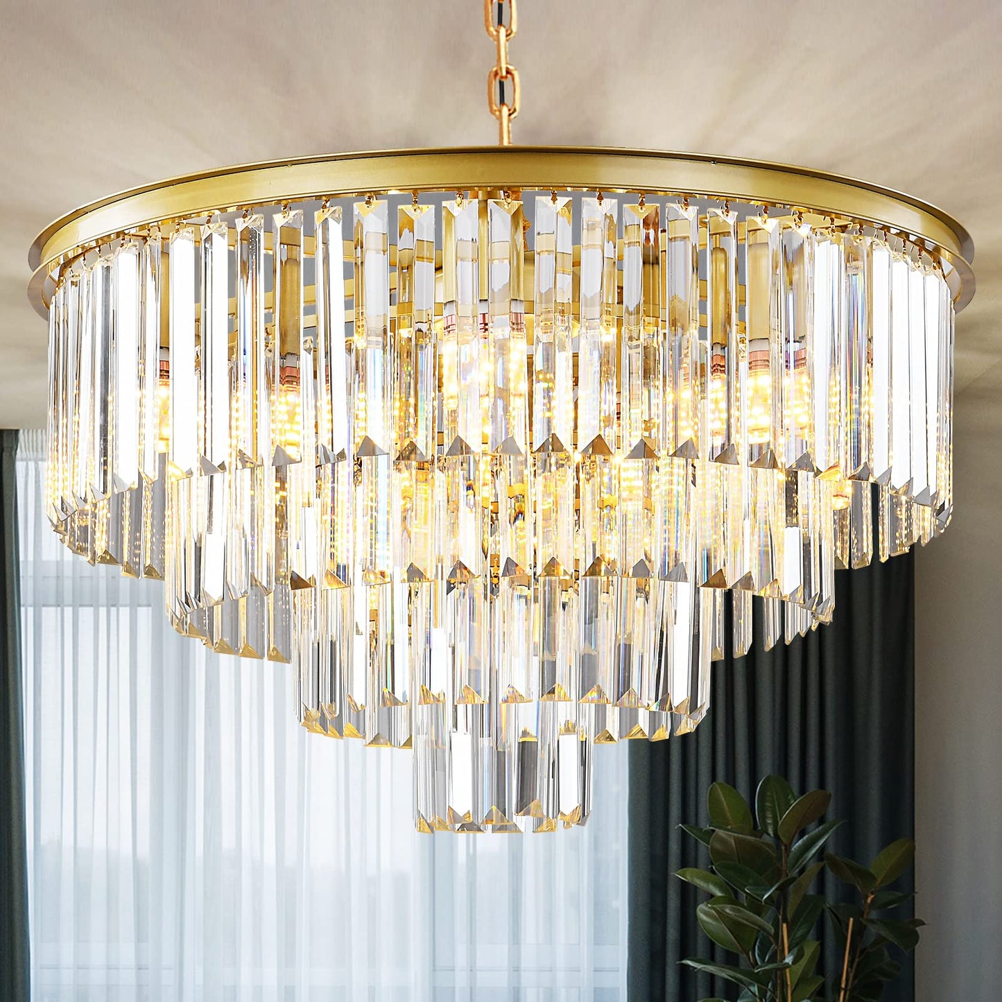 Laiuetai Gold Modern Crystal Chandelier  4-Tier Round Flush Mount Ceiling Light Fixtures Height Adjustable Pendant Lighting For Dining Room Living Room Bedroom Kitchen Hotel Foyer