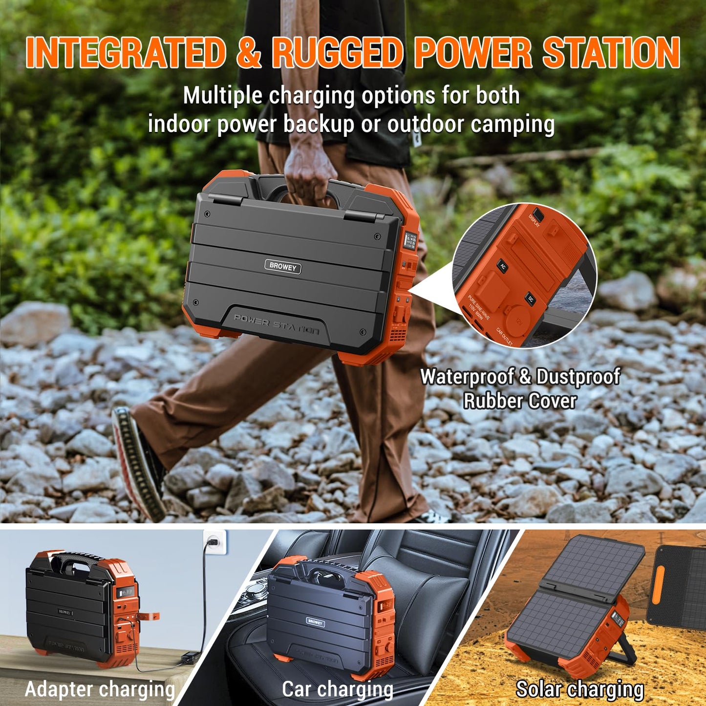 BROWEY 1000W Portable Power Station - 614WH Solar Generator with Built-in Panel, AC/DC/USB Outputs, Orange, Model DS-S1000