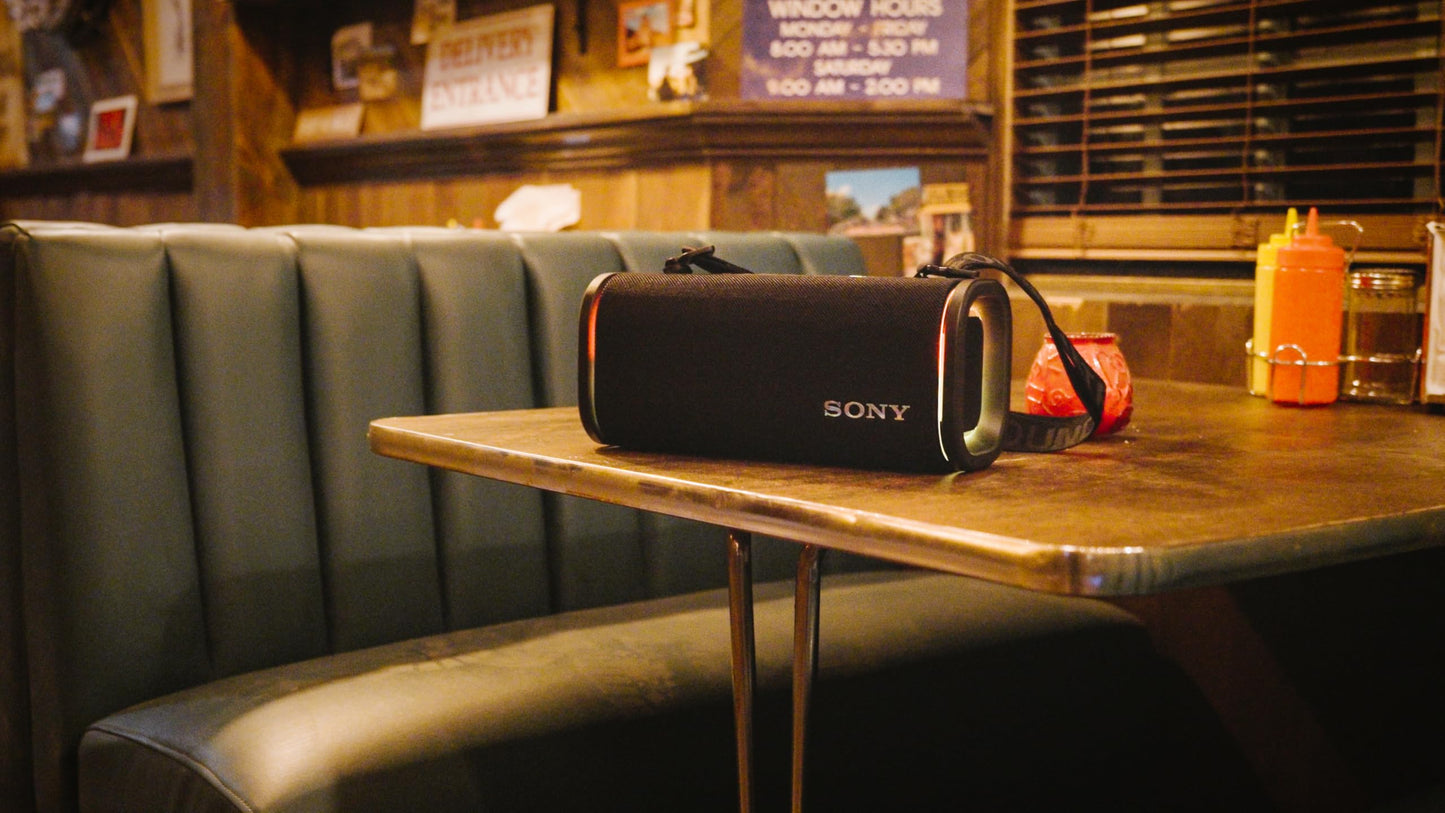 Sony ULT Field 5 Wireless Portable Bluetooth Speaker, IP67 Waterproof, Dustproof, and Rustproof with Enhanced Bass, 25 Hour Battery, 360° Party Light, and Shoulder Strap (SRSULT50B), Black