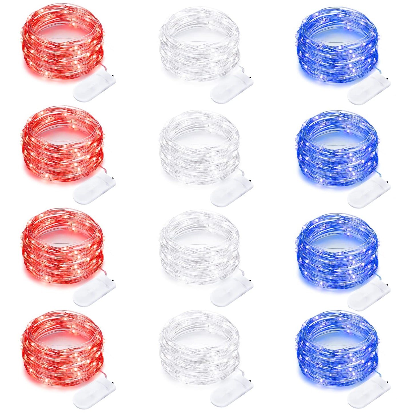 Yiaht 12 Pack 20 LED Waterproof Lights, 7 Feet Silver Wire, Red White Blue, Firefly Starry Lights for Independence Day Decor