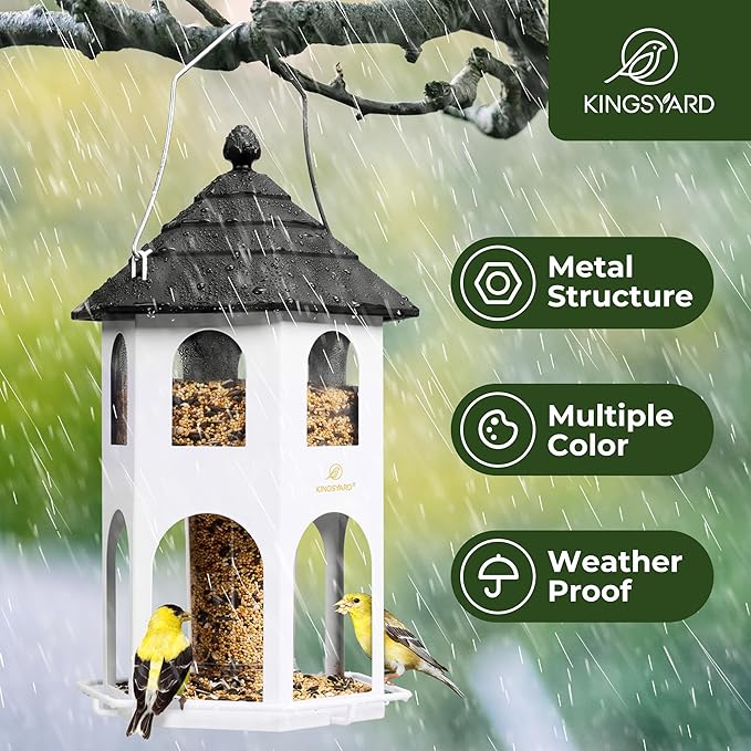 Kingsyard Metal Bird Feeder for Outdoor Hanging, Wild Bird Feeders with Circular Perch, Easy to Clean & Refill, 4 lbs Large Seed Capacity, White
