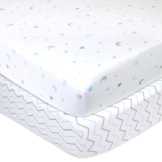 American Baby Company 2 Pack Printed 100% Cotton Knit Fitted Contoured Changing Table Pad Cover - Compatible with Mika Micky Bassinet, Blue Stars and Zigzag, for Boys and Girls