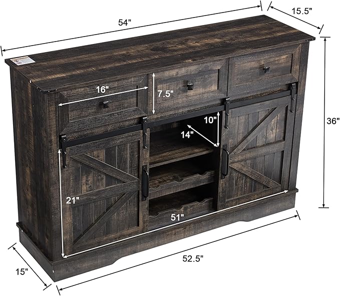 Farmhouse Bar Cabinet with Wine Rack 54" Coffee Buffet Cabinet with Sliding Barn Doors, Adjustable Shelves Rustic Buffets & Sideboards with 3 Drawers for Dining Room/Kitchen, Black