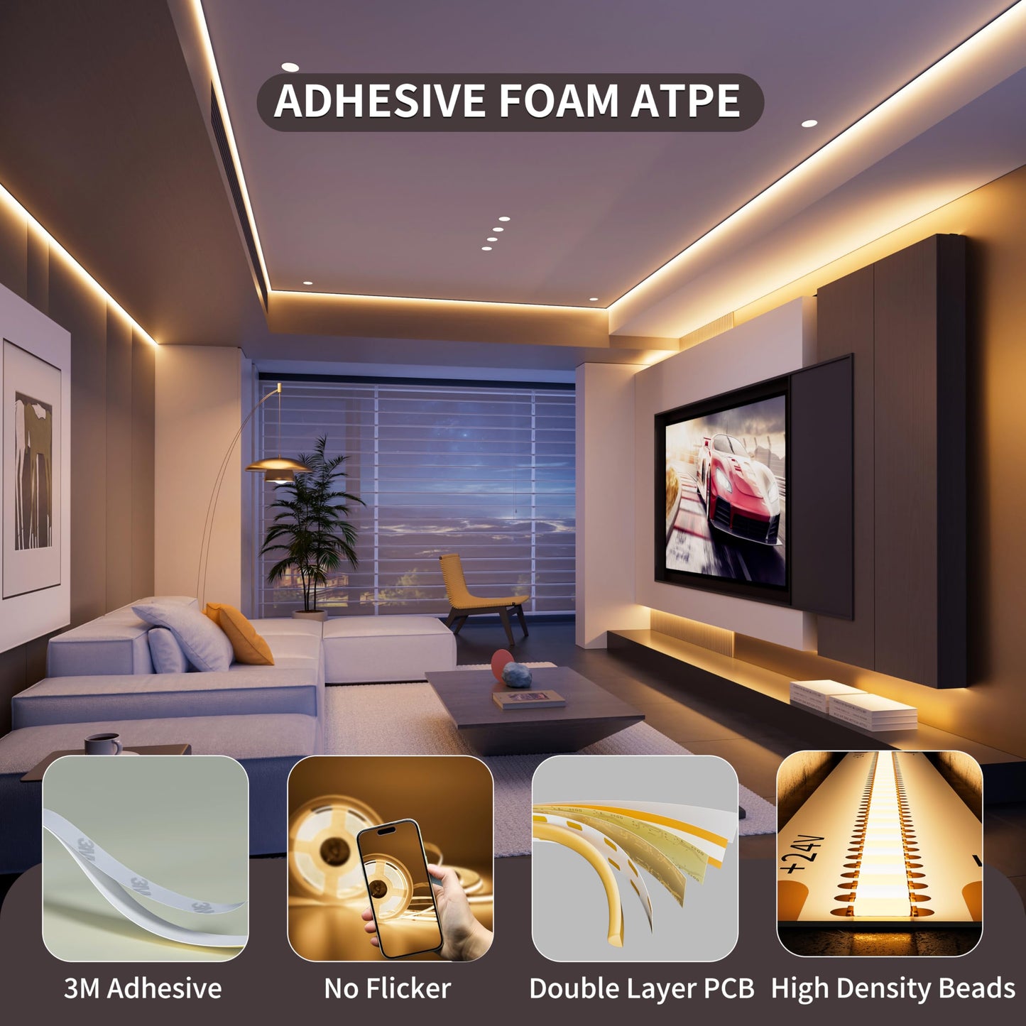PAUTIX COB LED Strip Light, 16.4ft Dimmable 3000K Warm White, 2520 LEDs, RF Remote, 36W Adapter, for Bedroom & Kitchen