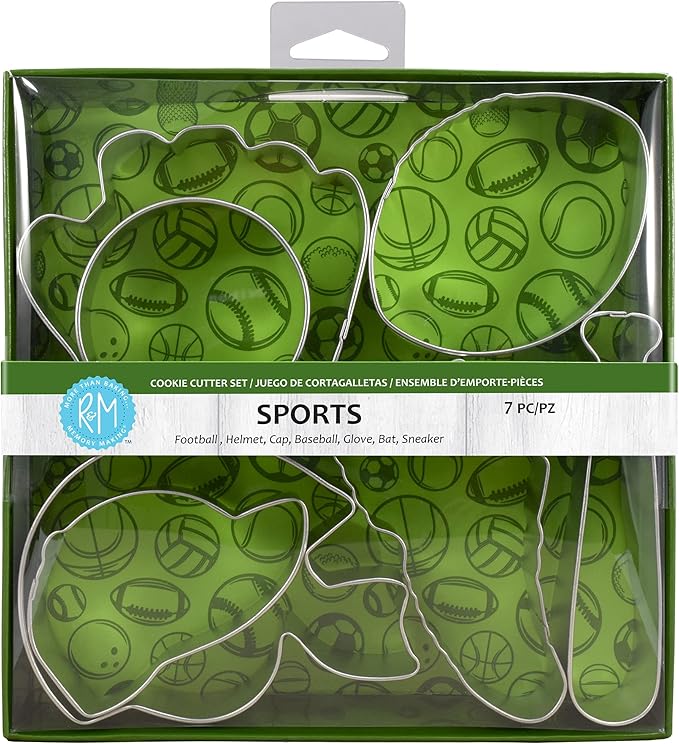 R&M International Sports Cookie Cutters, Baseball Cap, Bat, Glove, Football, Helmet, Sneaker, Circle, 7-Piece Set