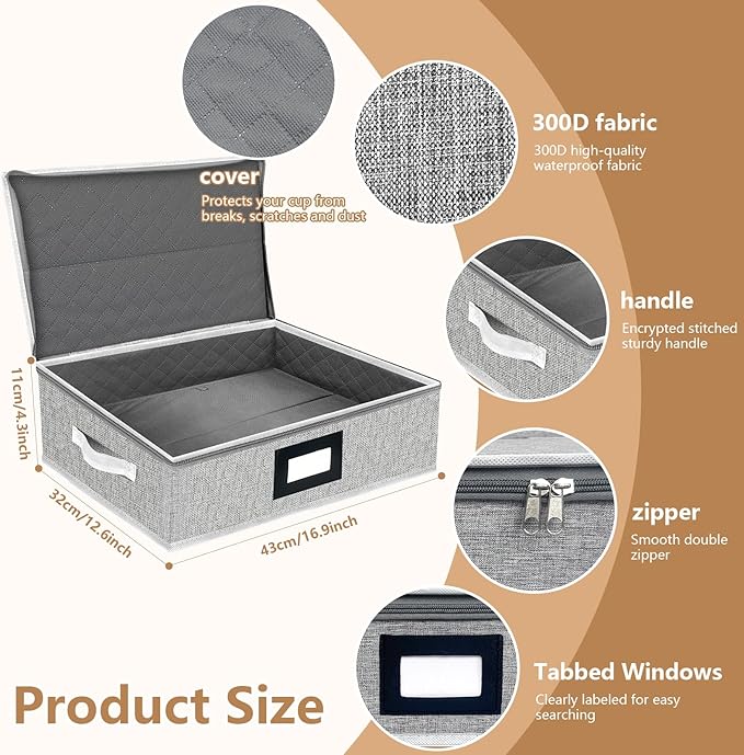 homyfort Platter Storage Case Box, China Storage Containers Hard Shell, 5 Felt Dividers Included, Structured Top and Stackable Platter Storage Containers (Grey)
