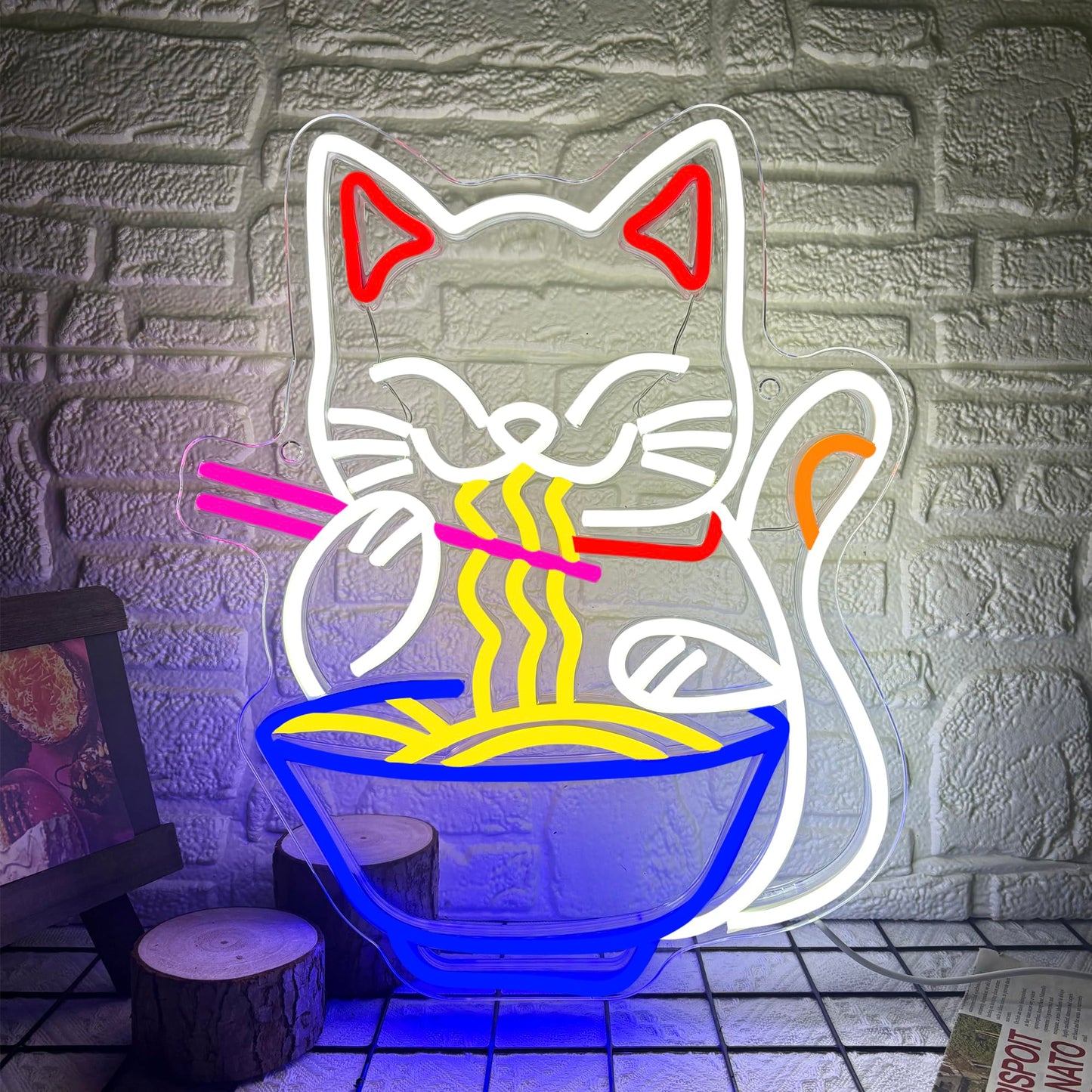 Fortune Cat Ramen Neon Sign  Dimmable Japanese Lucky Cat Noodle Led Neon Sign For Wall Decor  Usb Powered For Restaurant Bar Party Bedroom Birthday Gifts(15.7 * 12.7In)