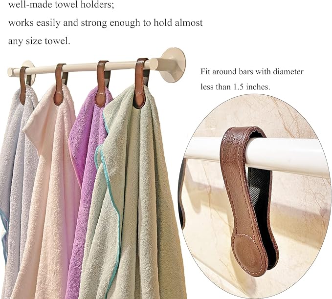 Prriudy 3 Pack Leather Towel Clips Magnetic Bath Towel Clips Hand Towel Hooks with Magnets for Towel Rods and Racks, Kitchen and Bathroom Accessory (Brown, 3 Pack)