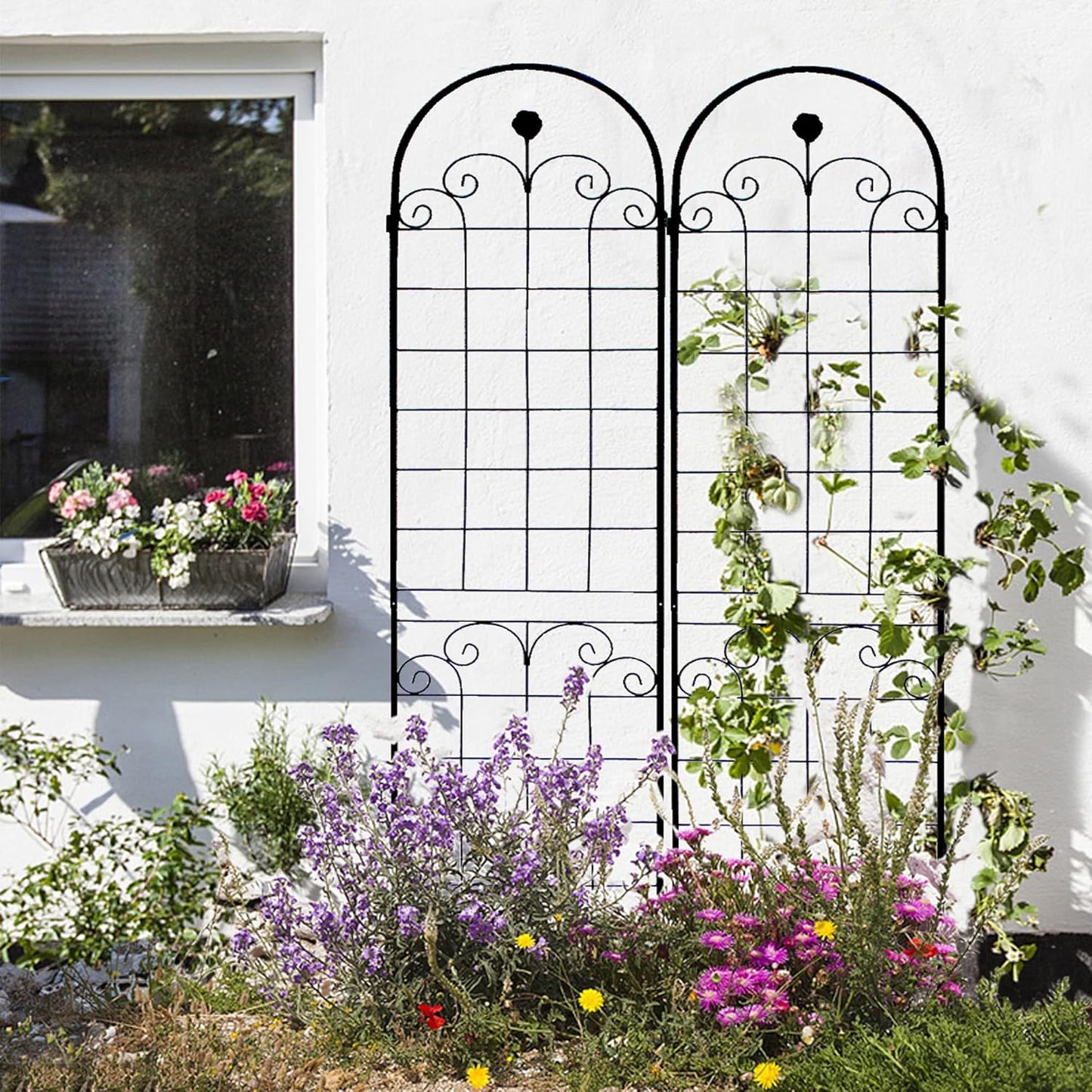 2 Pack Metal Garden Trellis for Climbing Plants, 86.7" Tall Rustproof Outdoor Trellis Panel w/Curly Grass Design, Decorative Black Iron Plant Support for Vine, Rose, Flower, Garden Wall