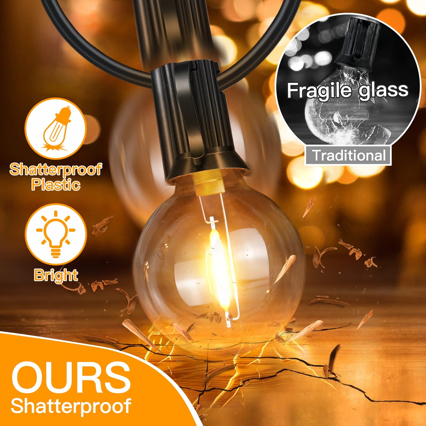 Ollny Outdoor String Lights, 50FT Waterproof Shatterproof with 25 Edison + 2 Spare Bulbs, Warm White, Model IL-E12-20050025