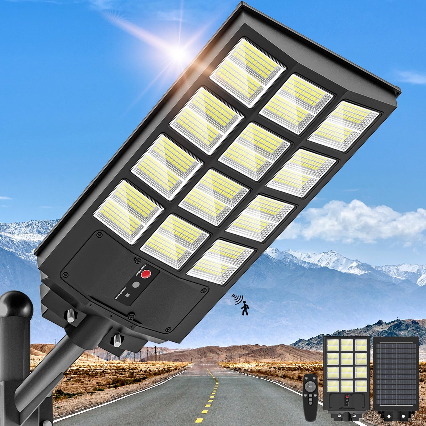 OKPRO 5000W Solar Street Light, LED Security Flood Light, IP66 Waterproof, Motion Sensor, Remote Control, Black