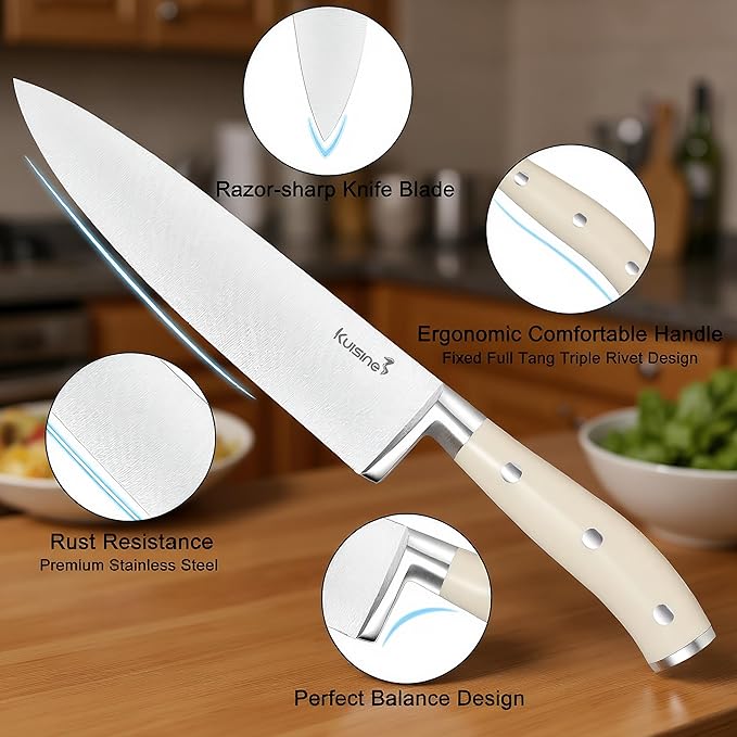 Kuisine Upgraded Kitchen Chef Knife Set,High Carbon Stainless Steel Ultra Sharp Blade Ergonomic Handle,Knife Block Set with Built-in Sharpener,Elegant Gift for Holiday(Acacia Ivory,15PCS)