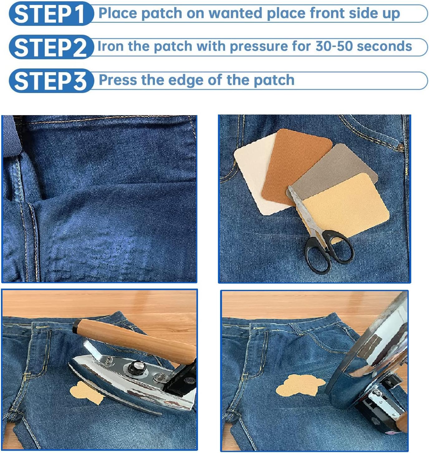 12PCS Fabric Iron on Patches Inside & Outside Strong Glue 100% Cotton Repair Patch for Clothes Pants Mending and Decorating, Navy Blue