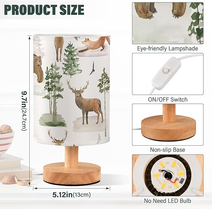 Table Lamp Watercolor Animal Forest Tree Deer Fox Bear Nightstand Lamp with Wood Base Fabric Lamp Shade Bedside Desk Lamp for Living Room Bedroom Kids Room Office