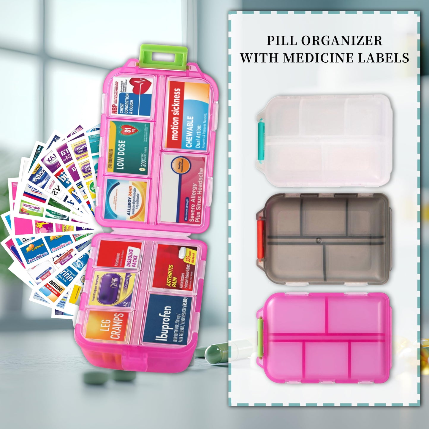 iouwei Large Pill Organizer with Medicine Labels, Travel Daily Pill Container, Mini Medication Organizer, 7-Day Pill Case, Set of 3 (Pink+White+Grey)