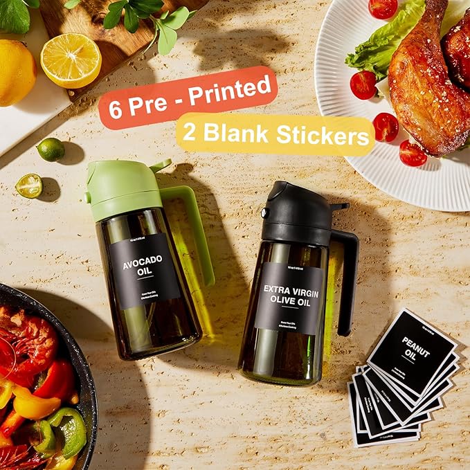 CXINYI - 16oz/470ml Olive Oil Dispenser for Kitchen with Stickers - 2 in 1 Olive Oil Sprayer for Cooking, Air Fryer, and Salad, White (Light-Proof Kitchen Gadget)