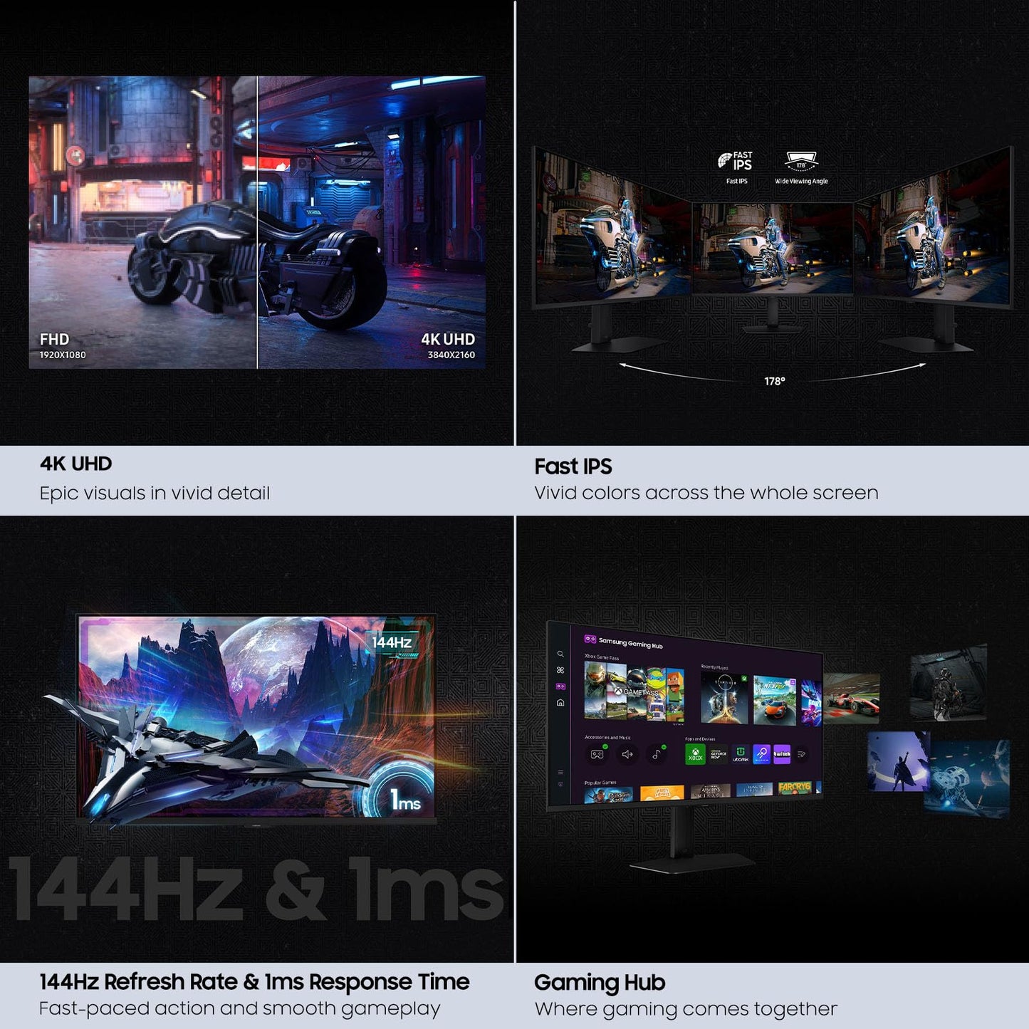 Samsung 32” Odyssey G7 (G70D) 4K UHD IPS 144Hz 1ms(GtG) Smart Gaming Monitor, G-Sync Compatible, AMD Freesync Premium, Vivid Colors, Adjustable Stand, Black Equalizer, LS32DG702ENXZA