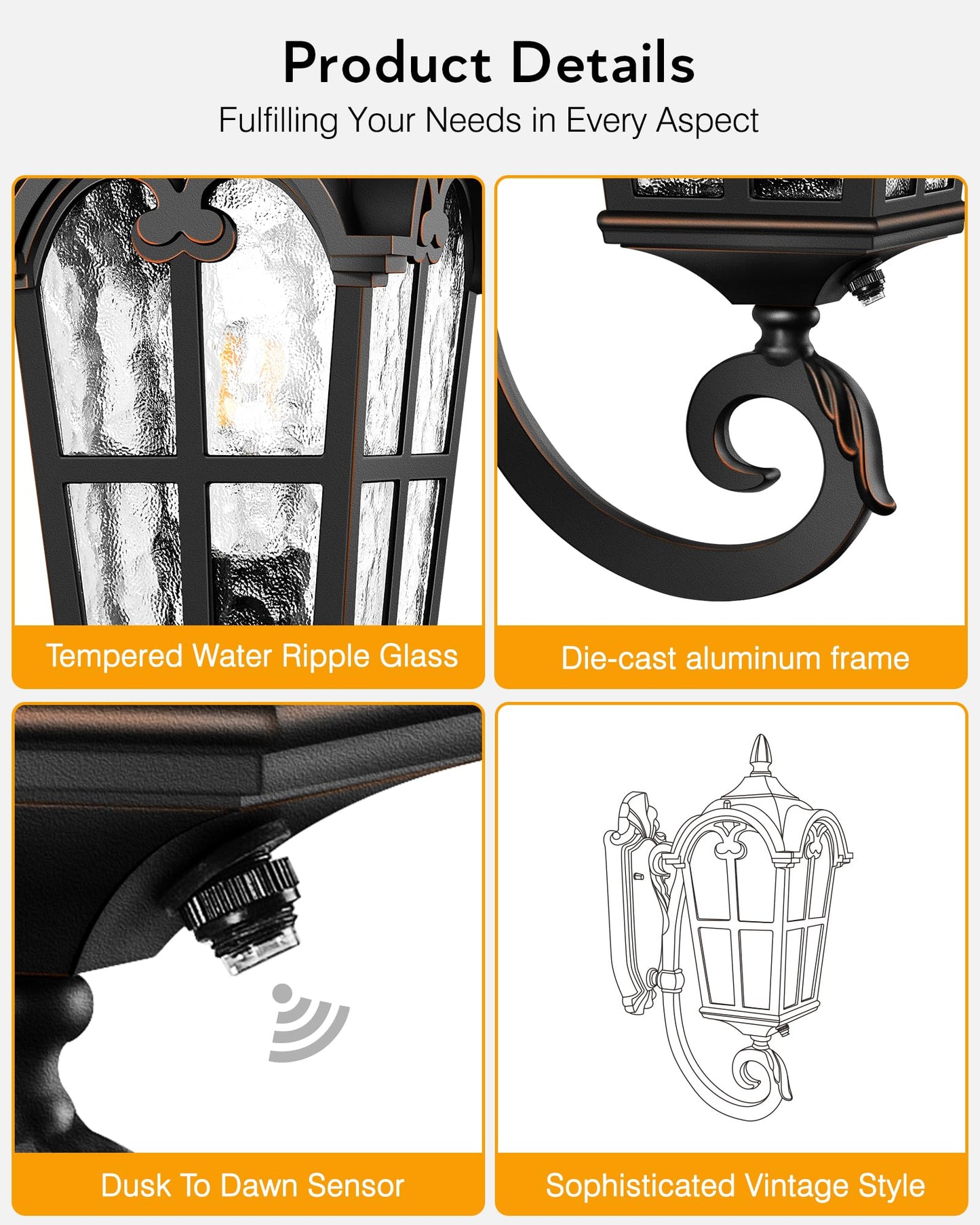 Vianis Outdoor Lights For Porch  Black Dusk To Dawn Outside Lighting With Gold Trim  Porch Lights Outdoor With Tempered Water Ripple Glass For Garden  Patio  Entryway  Waterproof Anti-Rust