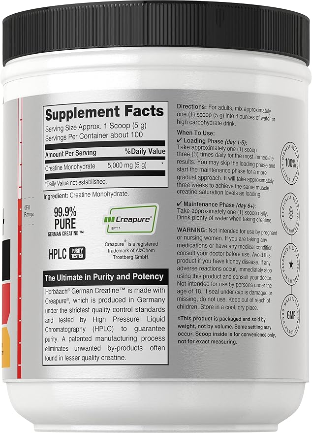 Horbäach German Creatine Powder 500g | Made in Germany with Creapure | Vegetarian, Non-GMO, and Gluten Free Dietary Supplement