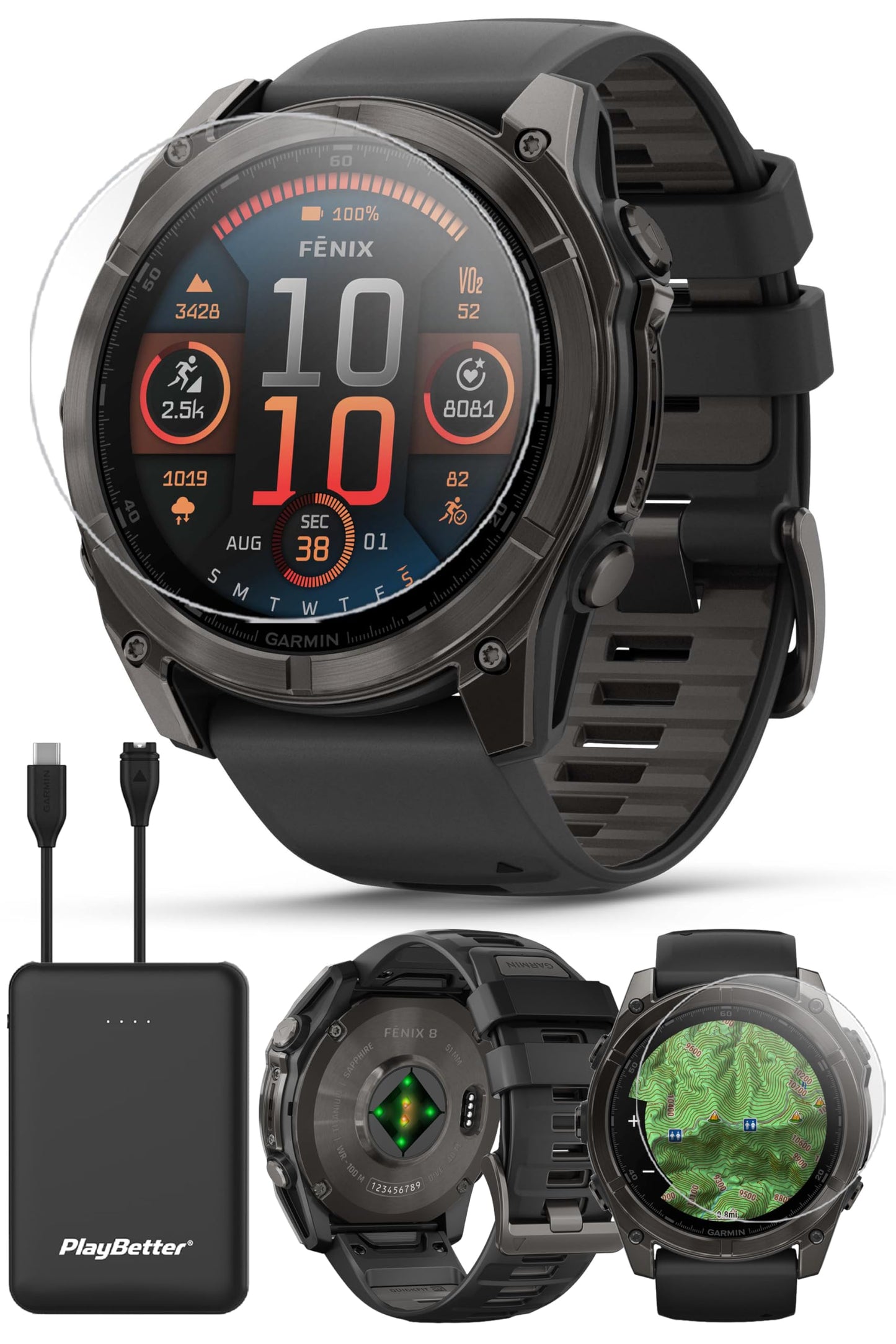 Playbetter Garmin Fenix 8 Amoled Sapphire (51Mm, Carbon Gray Dlc Titanium) Multisport Gps Smartwatch Bundle - 1.4    Touchscreen