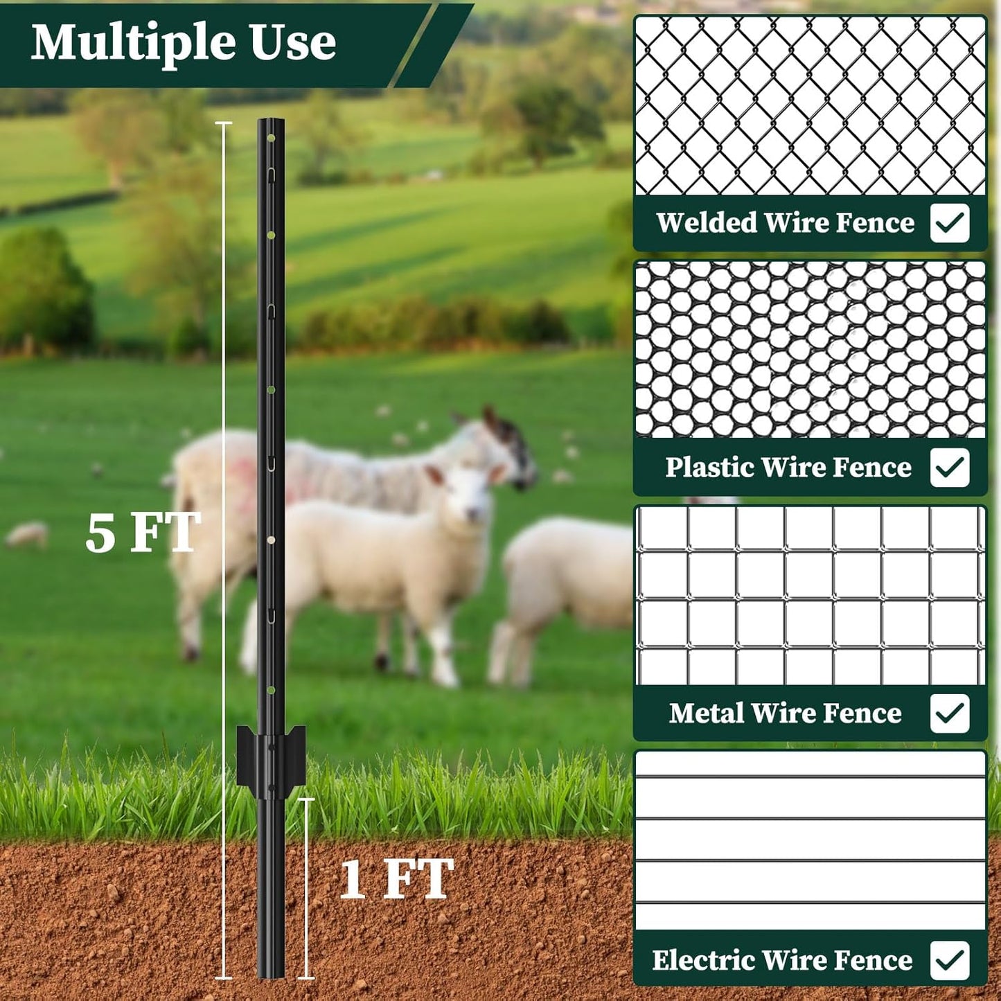 20 Pack Garden Fence Post, 5 Feet Heavy Duty Metal U-Post for Wire Fence, No Dig Garden Fence Stakes for Temporary Fencing, Electric Fence Wire, Corner Anchor, and More-Black