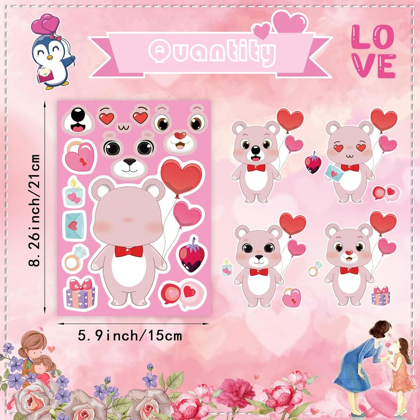 32 Sheets Valentine Stickers for Kids, Valentines Crafts Heart Love Sticker Make a Face Stickers, Make Your Own Animal Stickers Valentines Gifts for Kids Classroom Valentine Goodie Bags Party Favors