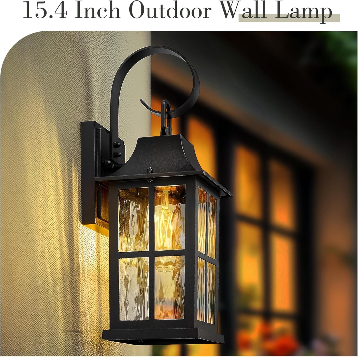Emliviar 2 Pack 15.4 Inch Porch Lights Outdoor, Water Ripple Glass Shade Wall Sconce Lantern in Black Finish, E26 Socket Wall Lanterns for House, YXE306B-2PK BK-SW
