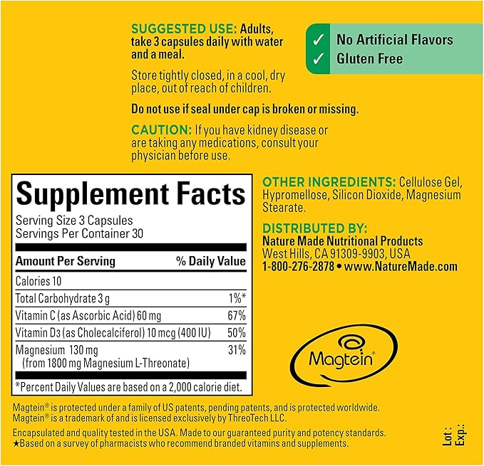 Nature Made Magnesium L-Threonate with Vitamin C & Vitamin D3, Provides 130 mg of Magnesium from 1800 mg Magnesium L Threonate, Cognitive Support Magnesium Supplement, 90 Capsules, 30 Day Supply