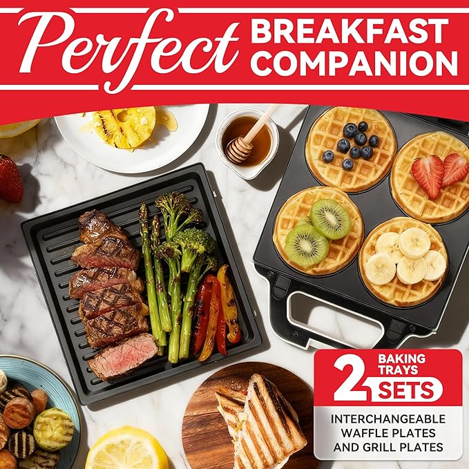 2 in 1 Mini Waffle Maker with Removable Plates, Panini Press Sandwich Maker, Sandwich Press, Waflera Electrica, Sandwichera Electrica, 4 X 4 Inch Classic Waffle Maker for Kids, White