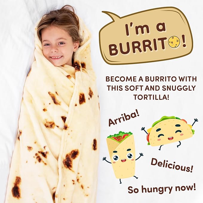 Zulay Kitchen Burritos Tortilla Throw Blanket Double Sided 80 inches for Adult and Kids - Giant Novelty Funny Taco Tortilla Blanket, Soft 285 GSM Flannel - White Elephant Gift