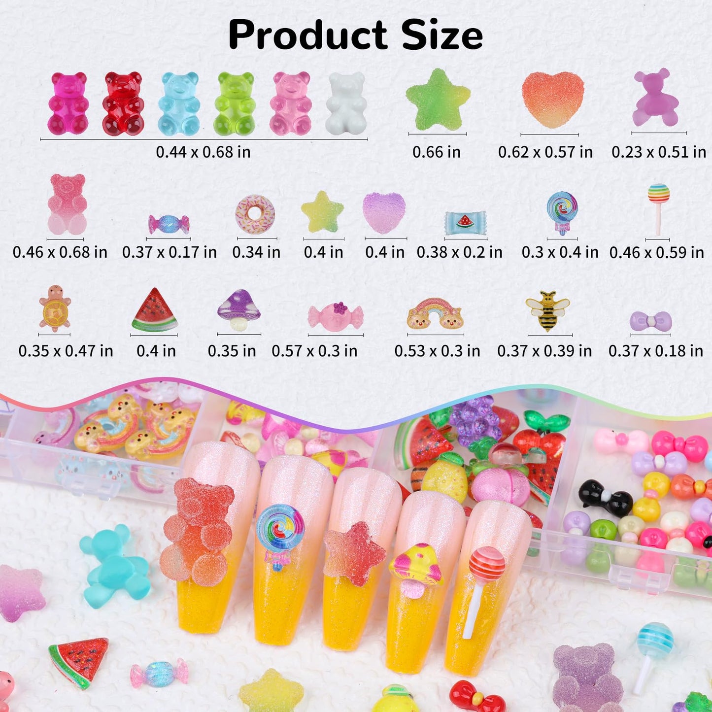 230 Pcs Kawaii Nail Charms Mixed Clear Gummy Bear Beads and Heart Star Flatback Resin Charms, Cute 3D Sugar Bee Bow Slime Charms