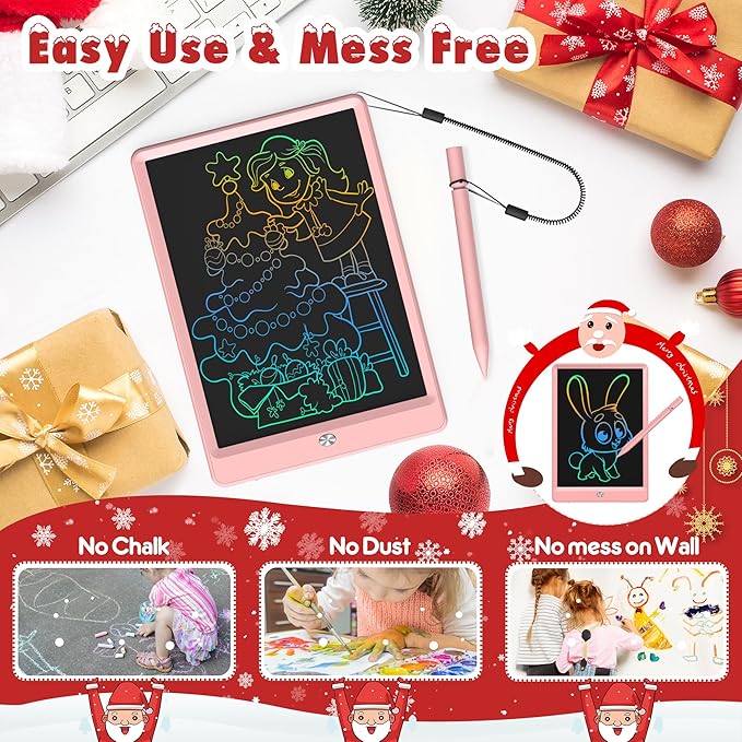 FLUESTON LCD Writing Tablet, Doodle Board Toys Gifts for 3-8 Year Old Girls Boys, 10 Inch Colorful Electronic Board Drawing Pad for Kids, Christmas Gifts for Toddler Educational Learning Travel, Pink