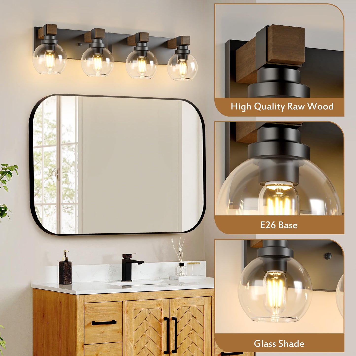Farmhouse Bathroom Vanity Light Fixtures  4-Light Wood Bathroom Light Fixtures Over Mirror  Rustic Sconces Wall Lighting With Glass Shade For Living Room  Bedroom  Hallway