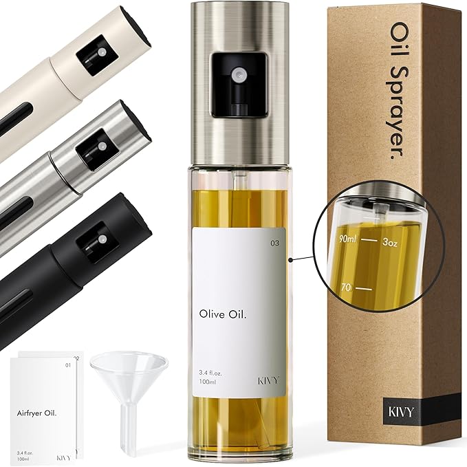 KIVY Glass Oil Sprayer for Cooking, Salads, BBQs & Airfryer [WITH LABELS] Innovative Spray with Portion Control - Oil Spray Bottle - Glass Olive Oil Sprayer - Cooking Oil Mister
