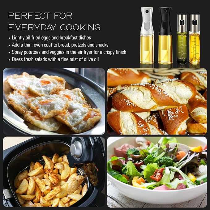 BOKKY Olive Oil Sprayer for Cooking 2 in 1, 220ml Glass Olive Oil Spray Bottle with Continuous Fine Mist, Food Grade Oil Sprayer for Air Fryer, Salad, BBQ, Baking, Frying (Black 2 Pack)