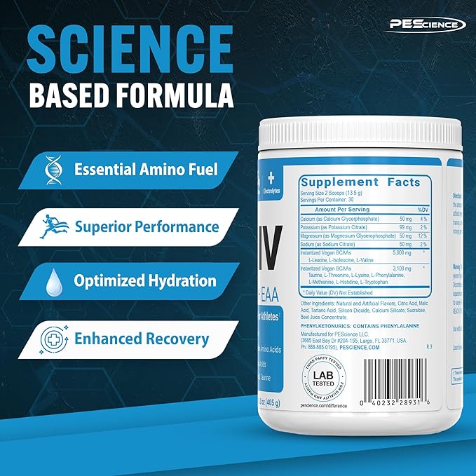 PEScience Amino IV BCAA & EAA Powder, Strawberry Lemonade, 60 Scoop, Essential Amino Acids, Taurine, Electrolytes for Hydration and Muscle Recovery, Sugar Free for Men & Women, Post Workout